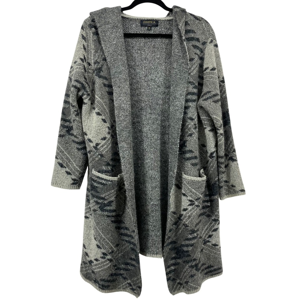 Joseph A. Plus Size 1X Cardigan Grey Black Geometric Hooded Duster Open Front